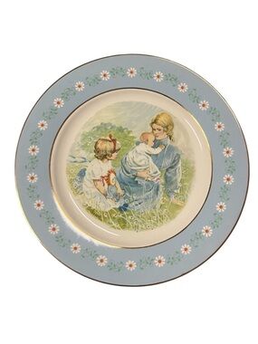 Blue Floral Decorative Collector Plate with Mother and Children Illustration